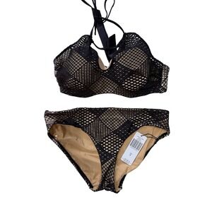 A.Che Vega Netted Up Bikini Set Black Tan Mesh Halter Underwire Top Bottoms M T4